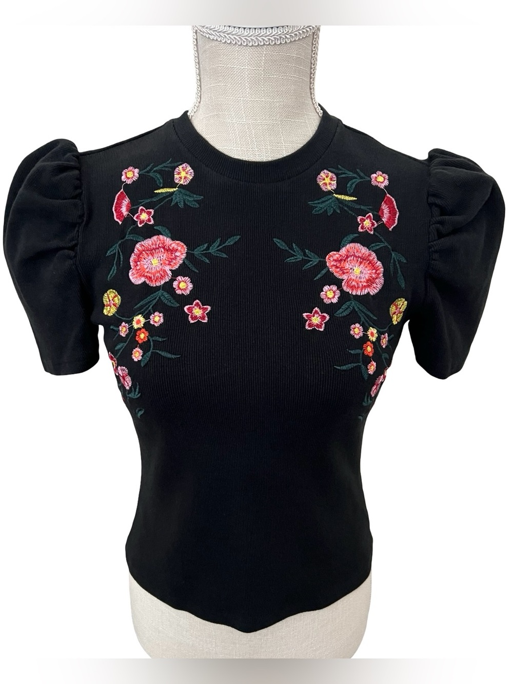 Black Puff Sleeve Floral Embroidered Knit Top